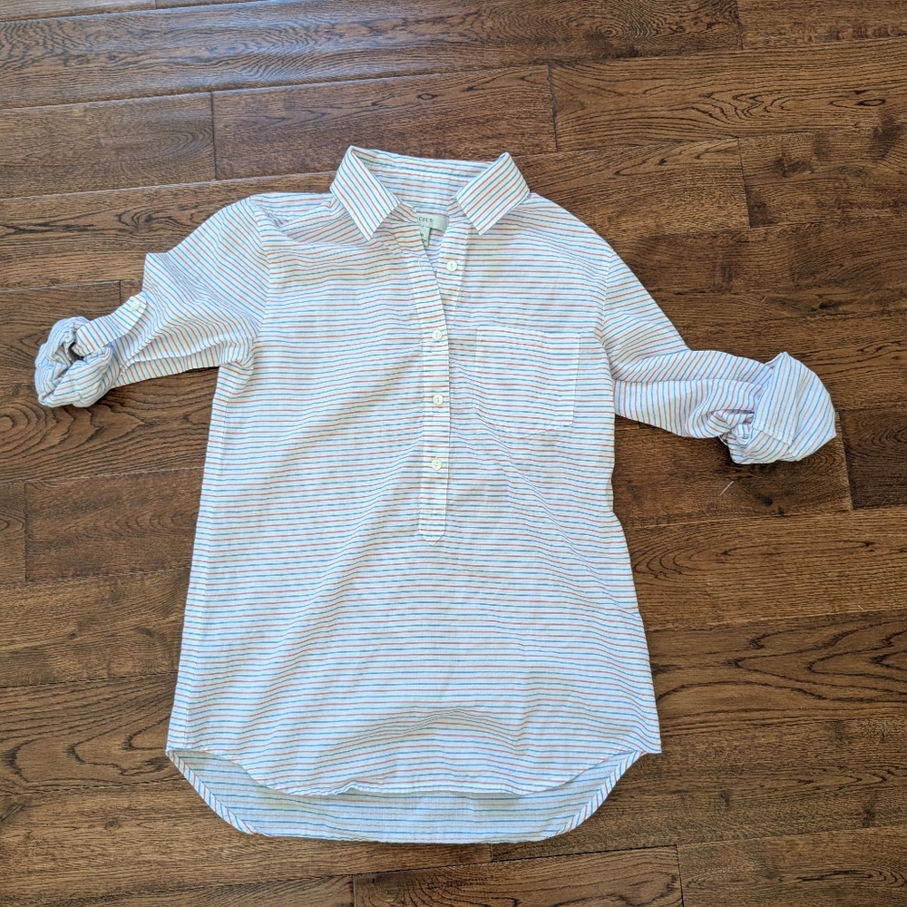 EUC J. Crew Pullover Red White Blue Striped Roll Up Sleeves Ladies Shirt Size 00
